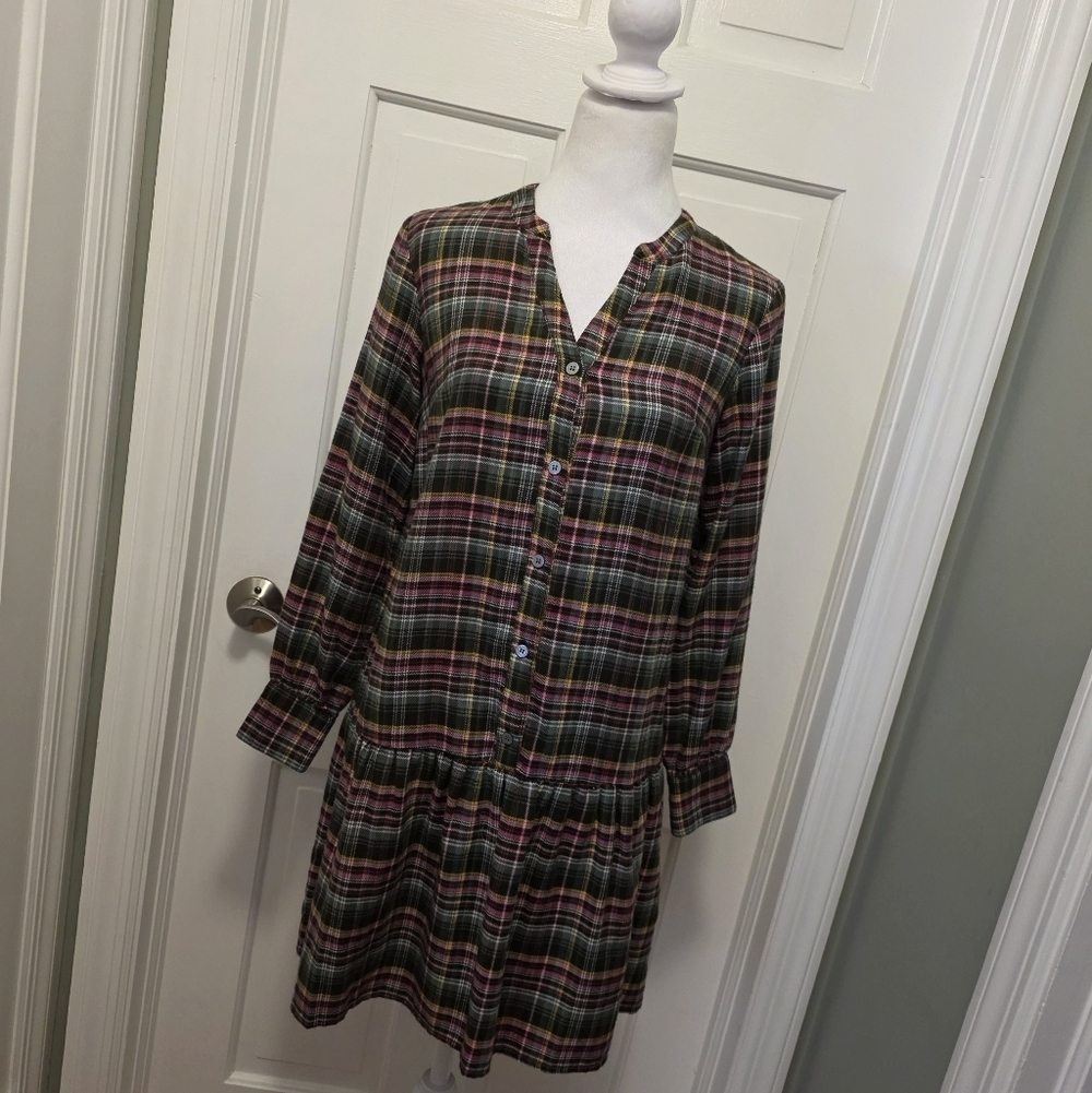 NWT LOFT Plaid Flounce Flannel Shirtdress Green, Pink & Brown Size PXXS